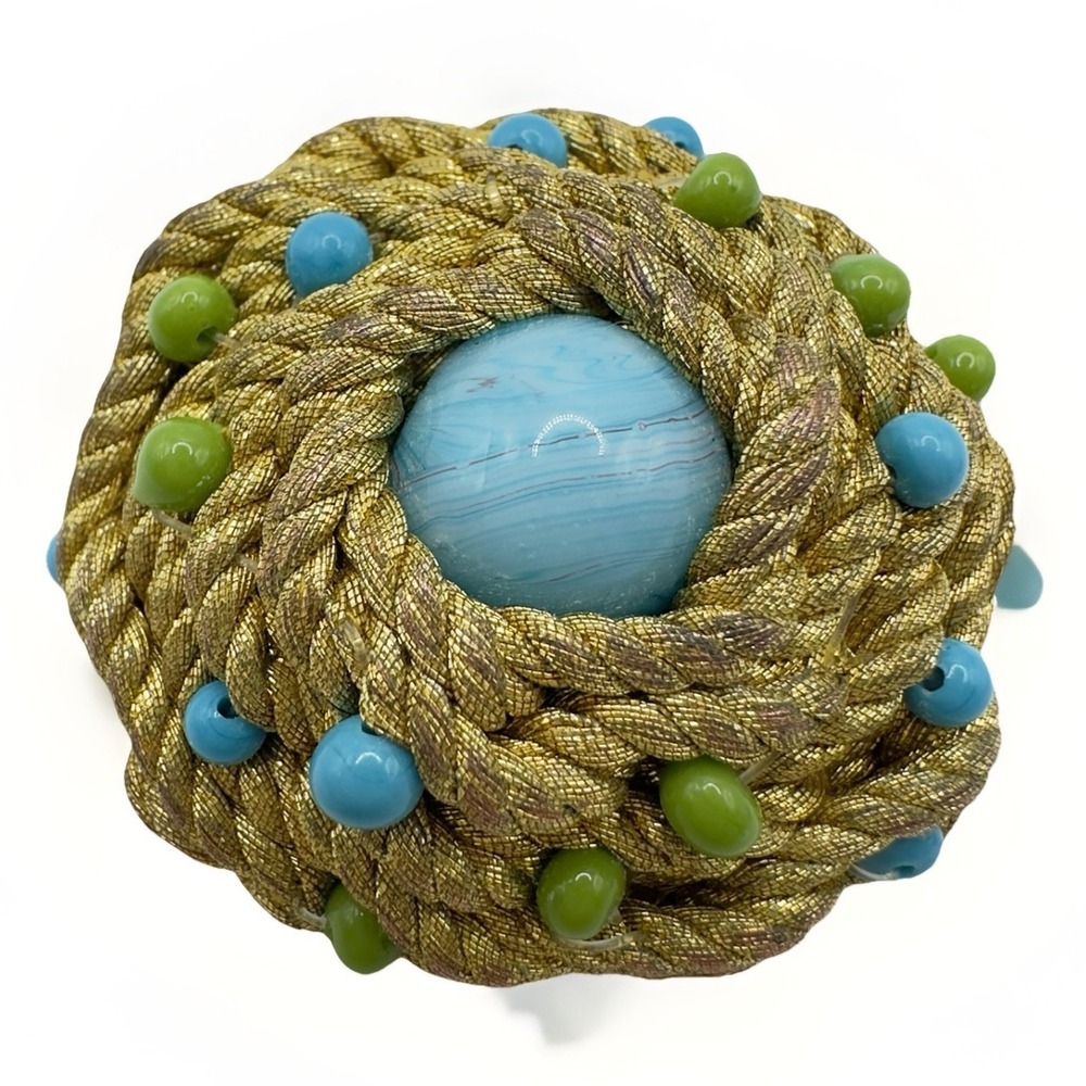 Vintage Bird Nest Wire Wrapped Brooch Gold tone Art Glass Cabochon Sewn Designer